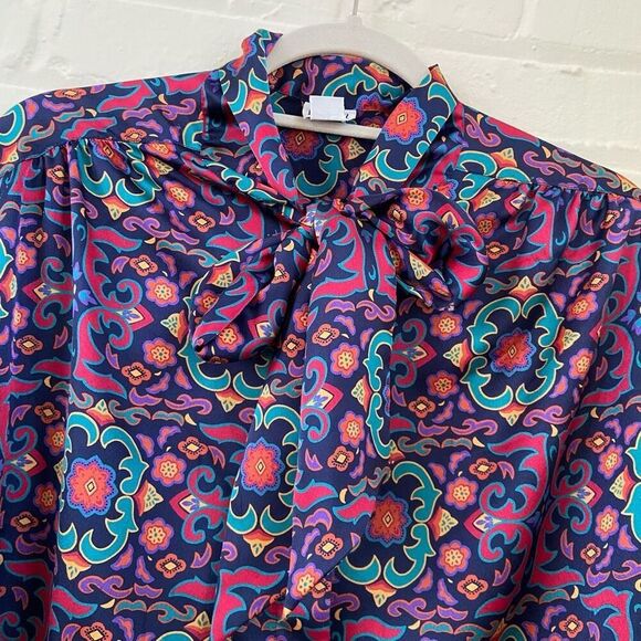 VTG Dalton 70s Jewel Tone Satin Bow Blouse XL Secretary Disco Boho Retro - Picture 2 of 6
